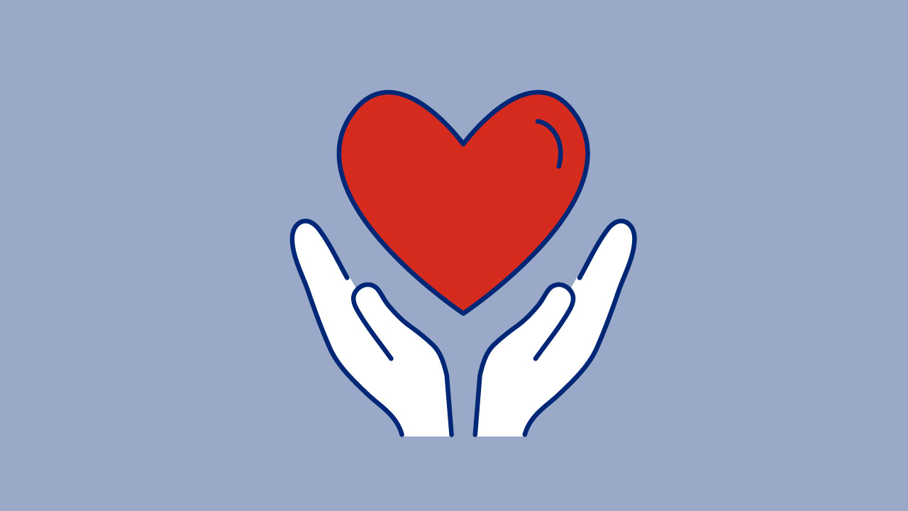 Cartoon of hands supporting a floating loveheart