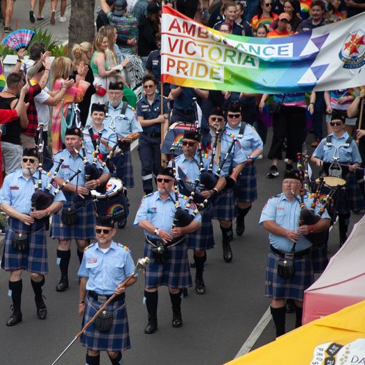 Members of the AV Pipes and Drums march in the Midsumma Parade